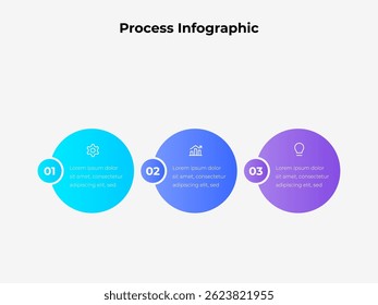 Moderne dreistufige Infografik mit Farbverlauf-Kreisen und Symbolen, ideal zur Visualisierung von Geschäftsprozessen, Arbeitsabläufen oder Planungsphasen