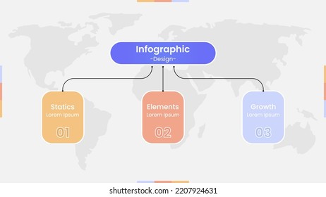 Modern three steps infographic design. Presentation template with world map background. Business timeline concept.