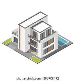 Modern three storey house with flat roof sometric icon set vector graphic
