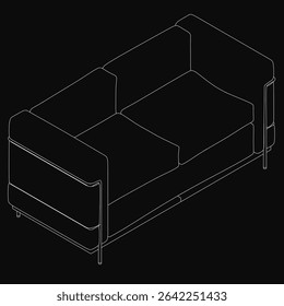 Modern three-seater sofa with a sleek, curved back and armrests, upholstered in neutral fabric. The black background highlights its contemporary design, and visible dimensions emphasize clean lines.