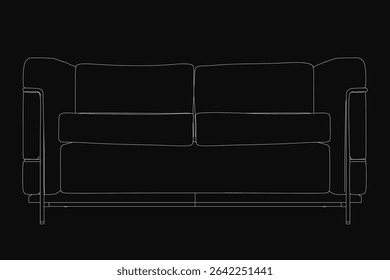 Modern three-seater sofa with a sleek, curved back and armrests, upholstered in neutral fabric. The detailed line drawing highlights the cushions, arms, and tapered legs against a black background.
