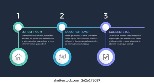 Modern three-step infographic template with numbered sections and circles for icons, dark background, vector eps10 illustration