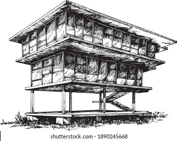 modern three-story residential house concept sketchy black and white image. glass walls, perspective ink freehand illustration 