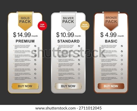 Modern three-tier pricing table template featuring Gold, Silver and Bronze subscription plans, ideal for websites, apps, service platforms and membership packages. 