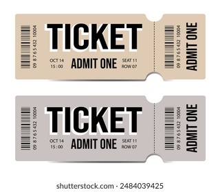 Modern ticket design. Realistic ticket. Admit one. Сasino, concert, game, party, event, festival.