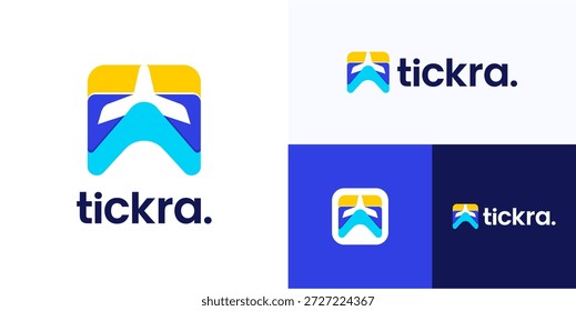 Boleto moderno con el avión en espacio negativo, Ilustración vectorial del diseño del icono del logotipo, boletos abstractos minimalistas limpios del símbolo del aeroplano estilo colorido que se superpone para el vuelo y el negocio de la identidad de la marca