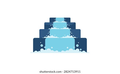 Modern tiered waterfall flows down smooth dark geometric ledges with blue water splashes and bubbles at every level.