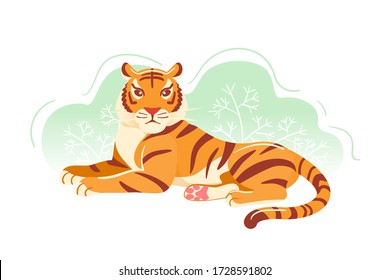Modern tiger Flat postcard. Cartoon Animal colorful trendy illustration. Greeting card, banner, poster. Jungle orange big cat laying in grass vector art isolated on white background. Asian wildlife.