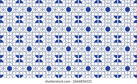 Moderno motivo de azulejos con Elementos circulares y lineales en azul y blanco