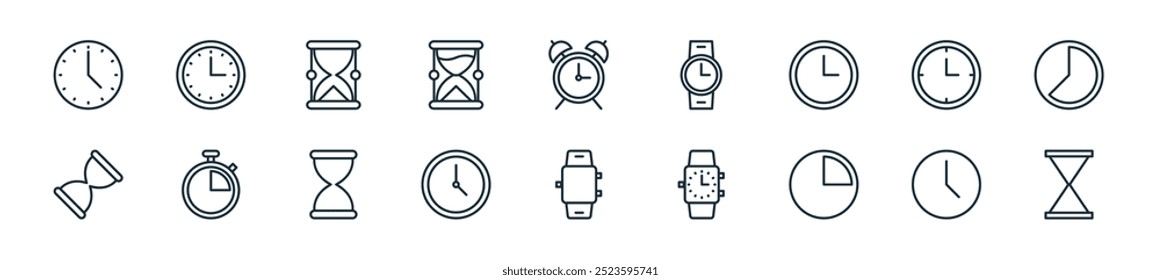 modern time and date icon pack. perfect for linear ui designs featuring vector sandclock, clock, timelapse, watch, watch, clock, sandclock and more icons for mobile and web apps.