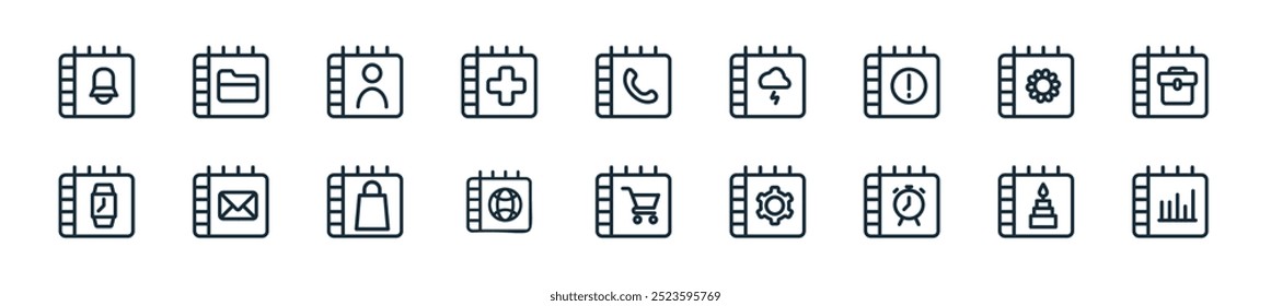 modern time and date outline icon pack. perfect for linear ui designs featuring vector chart graphs, birthday cake, alarm clock, gear, shopping cart, web address, shopping bag and more icons for