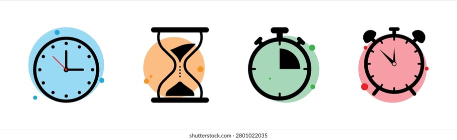 Modern Time Management and Clock Icon Collection. with Analog Clock Hourglass Stopwatch and Alarm Timer Flat Vector Illustration Set in Minimal Black Outline Style with Pastel Background Accents