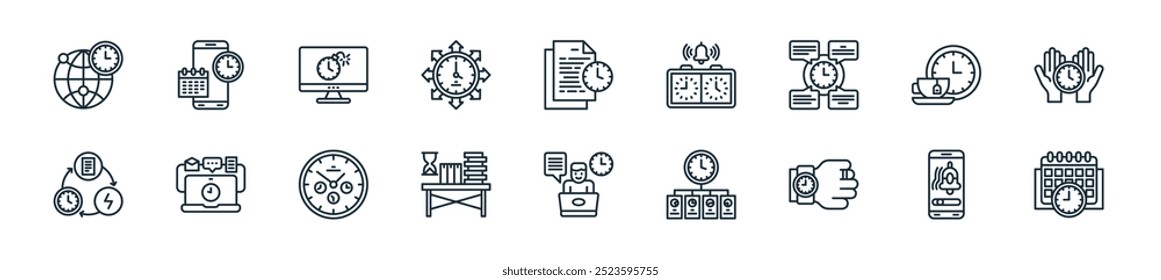 modern time management icon pack. perfect for linear ui designs featuring vector calendar date, alarm button, wristwatch, project management, office worker, office desk, clock and more icons for