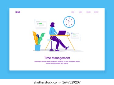 Modern  time management illustration concept of woman sitting at a desk looking at the clock for landing page template