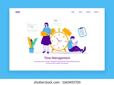 Modern  time management illustration concept of Woman Standing Looking At Laptop and Man Leaning On Alarm Clock Looking At Smartphone for landing page template