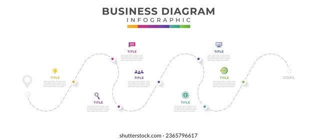 concepto de línea de tiempo moderno con 7 pasos empresariales. plantilla de infografía vectorial de presentación para empresas