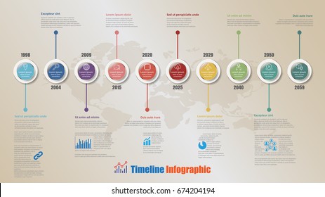 Modern timeline infographic with 10 steps circle designed for template brochure diagram planning presentation process webpages workflow. Vector illustration