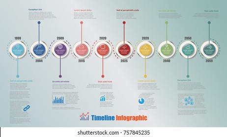 Modern timeline infographic with 10 steps circle designed for template brochure diagram planning presentation process webpages workflow. Vector illustration