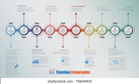 Modern Timeline Infographic With 10 Steps Circle Designed For Template Brochure Diagram Planning Presentation Process Webpages Workflow. Vector Illustration