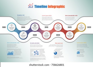 Infográfico de linha do tempo moderno com 7 etapas círculo projetado para modelo brochura diagrama planejamento de apresentação processo Web pages fluxo de trabalho. Ilustração vetorial