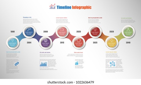 Modern timeline infographic with 8 steps circle designed for template brochure diagram planning presentation process webpages workflow. Vector illustration