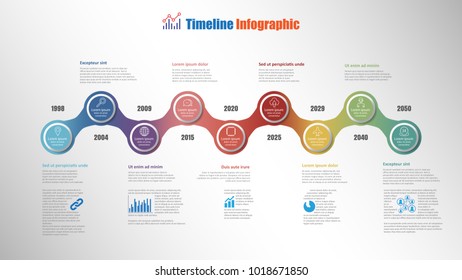 Modern timeline infographic with 9 steps circle designed for template brochure diagram planning presentation process webpages workflow. Vector illustration