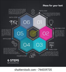 Modern timeline infographic. Diagram chart. Design with six hexagons for presentation. Vector.