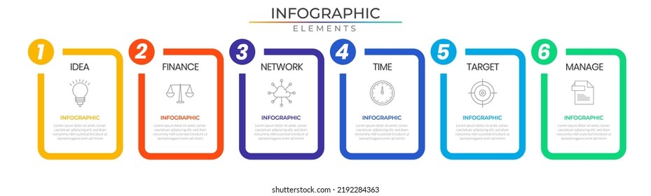 Moderne Timeline-Infografik Elemente Konzept Design-Vektorgrafik mit Symbolen. Projektvorlage für das Business Workflow-Netzwerk zur Präsentation und Berichterstattung.