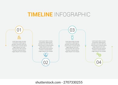 Infografía de línea de tiempo moderna con cuatro pasos y líneas de conexión sobre un fondo blanco limpio
