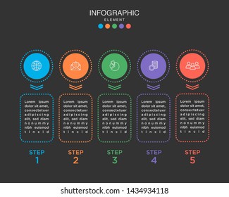 Modern Timeline infographic with glowing effect and dashed line. Business process with 5 options, square. Vector template