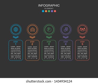 Modern Timeline infographic with glowing effect and dashed line. Business process with 5 options, square. Vector template