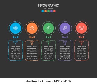 Modern Timeline infographic with glowing effect and dashed line. Business process with 5 options, square. Vector template