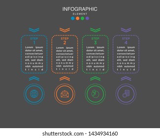 Modern Timeline infographic with glowing effect and dashed line. Business process with 5 options, square. Vector template