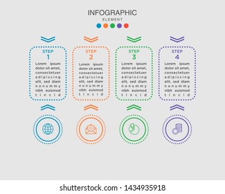 Modern Timeline infographic with glowing effect and dashed line. Business process with 4 options, square. Vector template