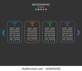 Modern Timeline infographic with glowing effect and dashed line. Business process with 4 options, square. Vector template