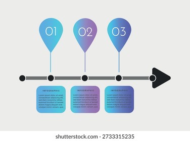 Modern timeline infographic with map pin pointers and 3 steps process