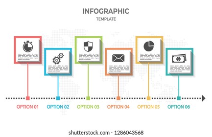Modern timeline infographic with square 6 options.