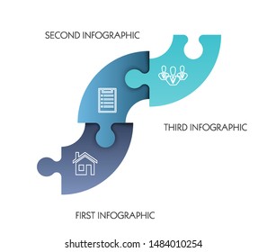Modern timeline made 3 puzzle pieces colorful connected. Concept jigsaw strategic plan three stages. Realistic puzzle infographic design template. Vector illustration business progress puzzle analysis