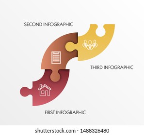 Modern timeline made 3 puzzle pieces colorful connected. Concept jigsaw strategic plan three stages. Realistic puzzle infographic design template. Vector illustration business progress puzzle analysis