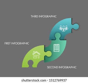 Modern timeline made 3 puzzle pieces colorful connected. Concept jigsaw strategic plan three stages. Realistic puzzle infographic design template. Vector illustration business progress puzzle analysis