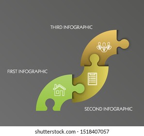 Modern timeline made 3 puzzle pieces colorful connected. Concept jigsaw strategic plan three stages. Realistic puzzle infographic design template. Vector illustration business progress puzzle analysis