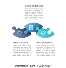 Modern timeline made 3 puzzle pieces colorful connected. Concept jigsaw strategic plan three stages. Realistic puzzle infographic design template. Vector illustration business progress puzzle analysis