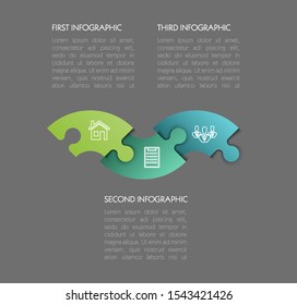 Modern timeline made 3 puzzle pieces colorful connected. Concept jigsaw strategic plan three stages. Realistic puzzle infographic design template. Vector illustration business progress puzzle analysis