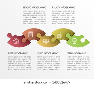 Modern timeline made 5 puzzle pieces colorful connected. Concept jigsaw strategic plan five stages. Realistic puzzle infograph design template. Vector illustration business progress puzzle 5 analysis