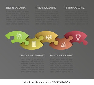 Modern timeline made 5 puzzle pieces colorful connected. Concept jigsaw strategic plan five stages. Realistic puzzle infograph design template. Vector illustration business progress puzzle 5 analysis