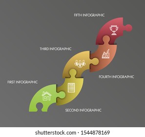 Modern timeline made 5 puzzle pieces colorful connected. Concept jigsaw strategic plan five stages. Realistic puzzle infograph design template. Vector illustration business progress puzzle 5 analysis