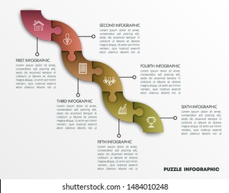 Modern timeline made 6 puzzle pieces colorful connected. Concept jigsaw strategic plan six stages. Realistic puzzle infographic design template. Vector illustration business progress puzzle 6 analysis
