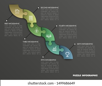 Modern timeline made 6 puzzle pieces colorful connected. Concept jigsaw strategic plan six stages. Realistic puzzle infographic design template. Vector illustration business progress puzzle 6 analysis