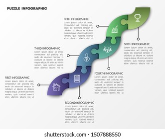 Modern timeline made 6 puzzle pieces colorful connected. Concept jigsaw strategic plan six stages. Realistic puzzle infographic design template. Vector illustration business progress puzzle 6 analysis
