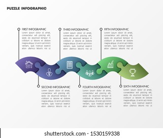 Modern timeline made 6 puzzle pieces colorful connected. Concept jigsaw strategic plan six stages. Realistic puzzle infographic design template. Vector illustration business progress puzzle 6 analysis